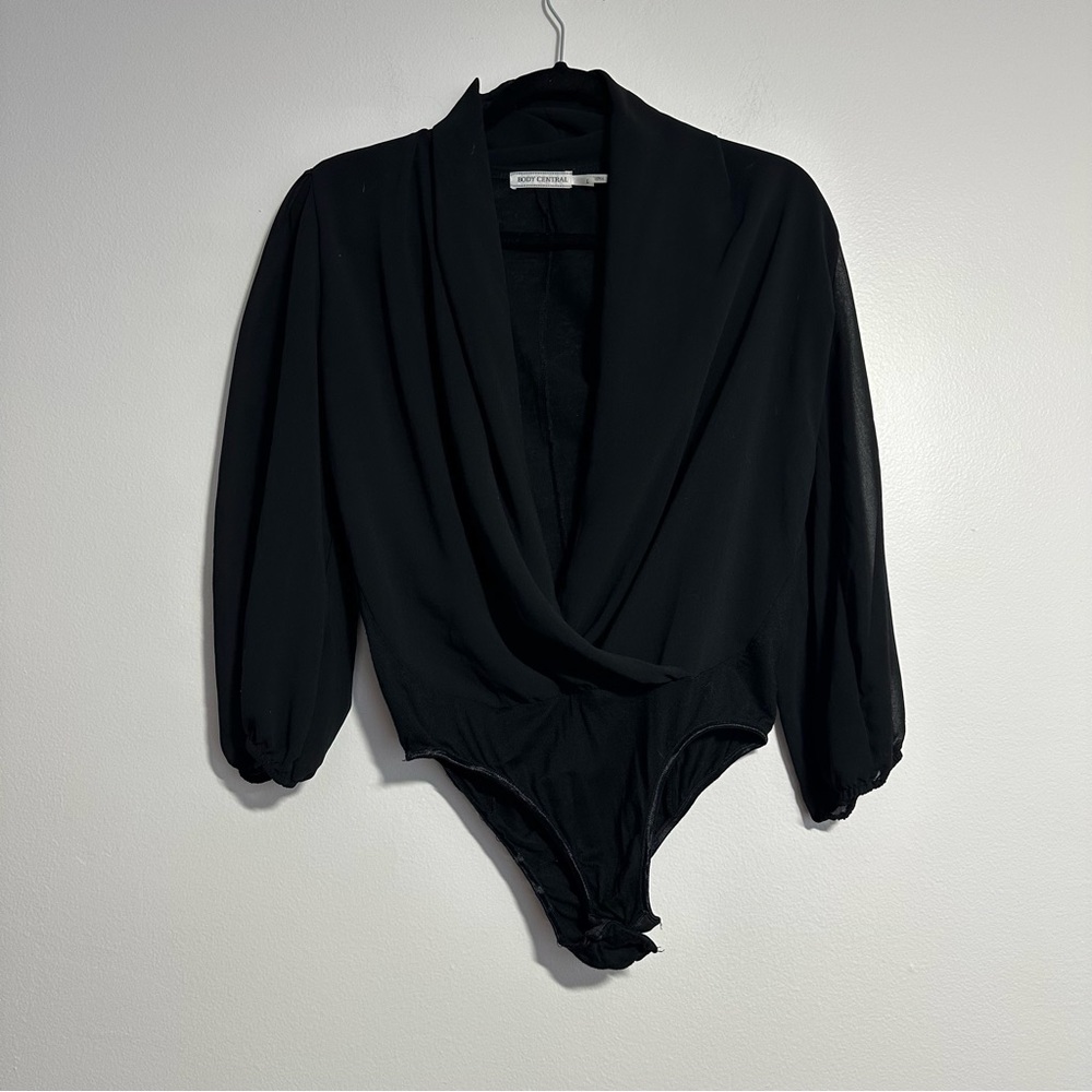 Black chiffon v neck leotard
